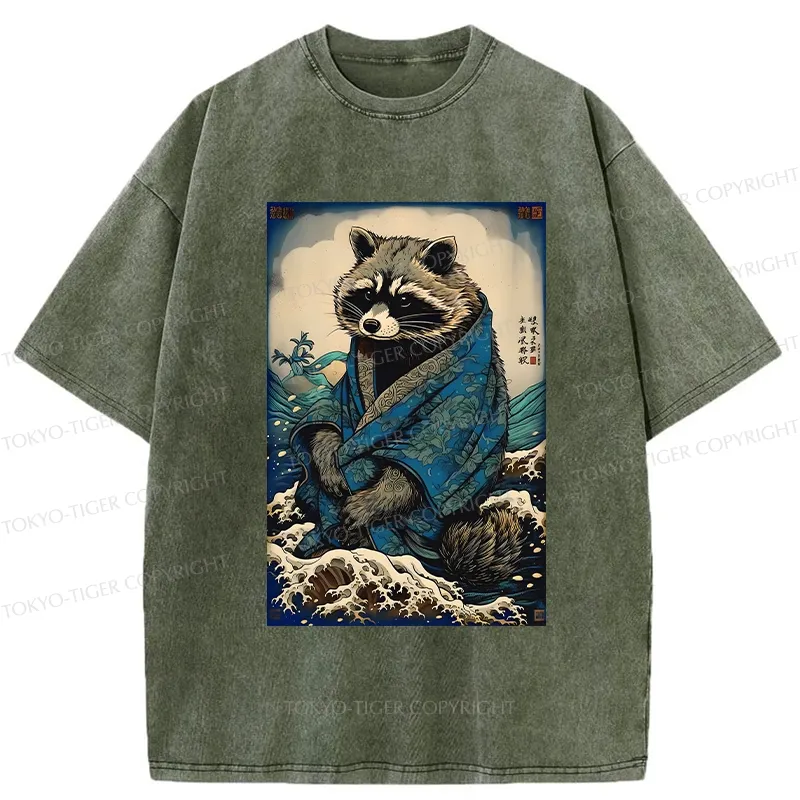 Tokyo-Tiger Raccoon And Waves Washed T-Shirt Sale
