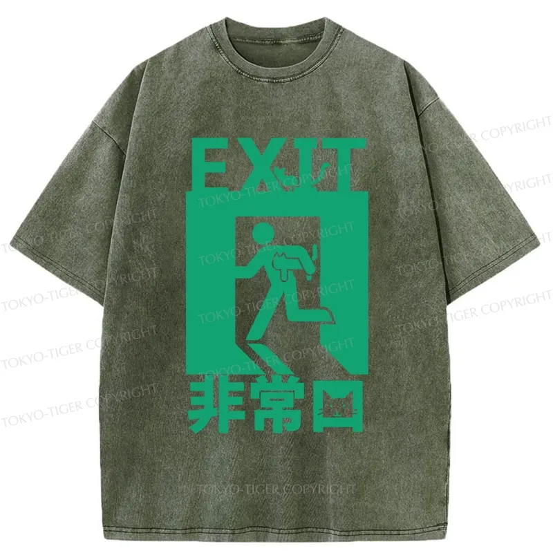 Tokyo-Tiger Funny Cat Exit Washed T-Shirt
