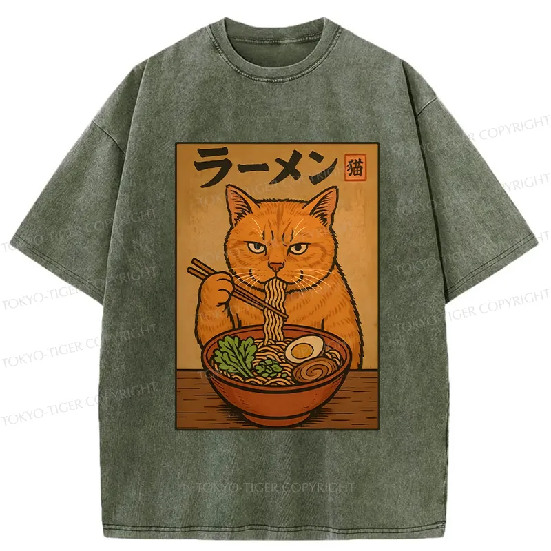 Tokyo-Tiger Ramen Obsessed Cute Cat Washed T-Shirt