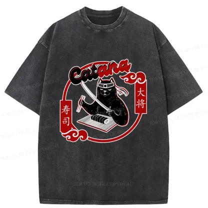 Tokyo-Tiger Cat Sushi Chef Washed T-Shirt