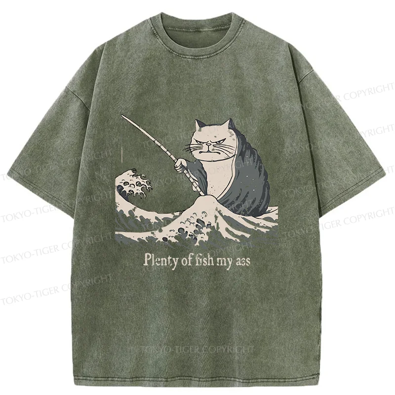Tokyo-Tiger Kitten Fishing Funny Washed T-Shirt