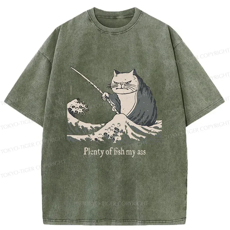 Tokyo-Tiger Kitten Fishing Funny Washed T-Shirt