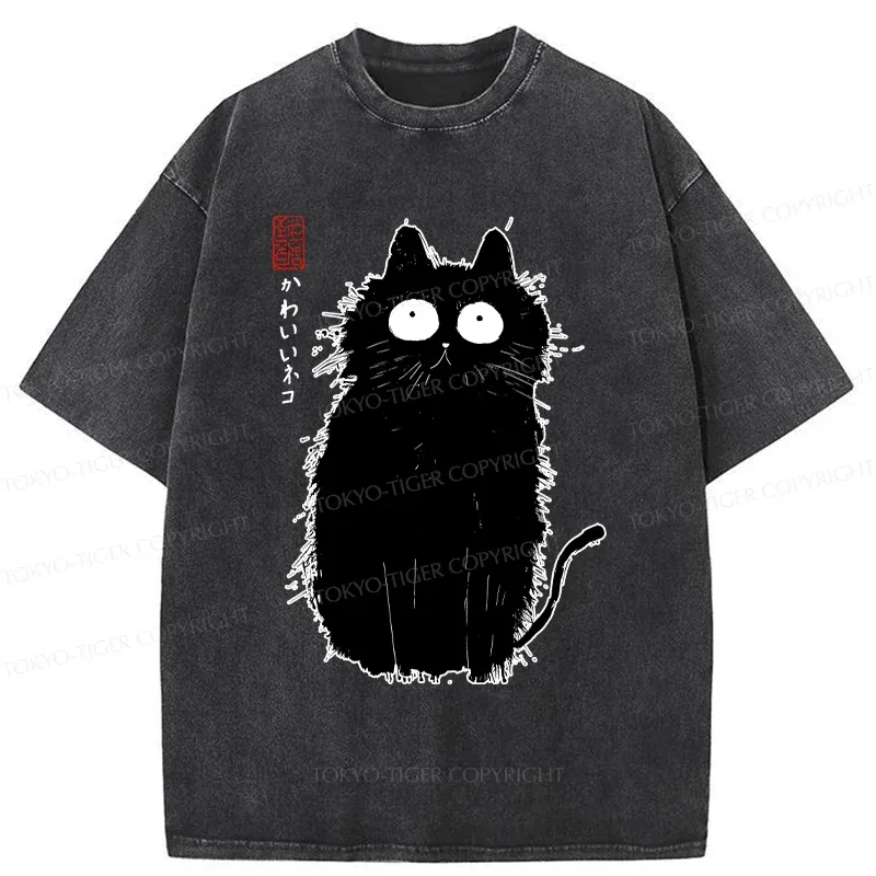 Tokyo-Tiger Black Cat With Puffed-up Fur Washed T-Shirt