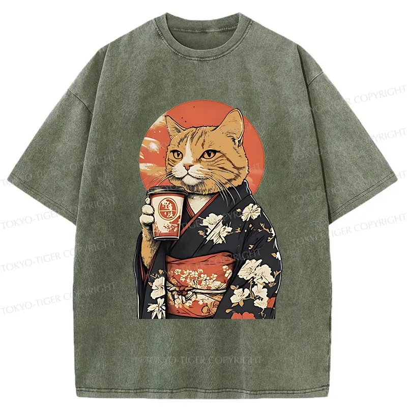 Tokyo-Tiger Cat Drinking Coffee Washed T-Shirt
