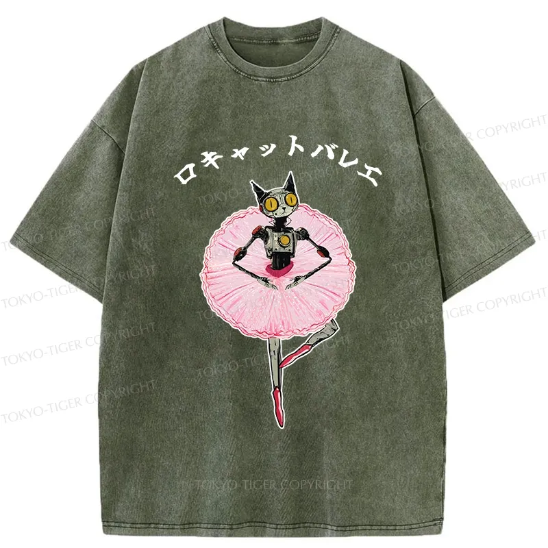 Tokyo-Tiger Ballet Dancing Robot Cat Washed T-Shirt