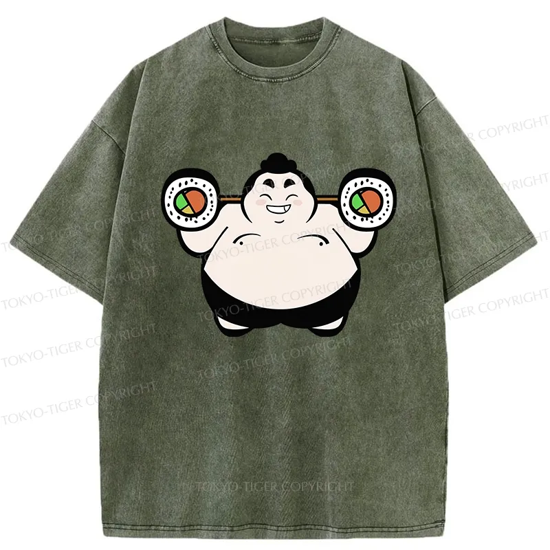 Tokyo-Tiger Funny Sumo Wrestler Lifting Sushi Barbell Washed T-Shirt