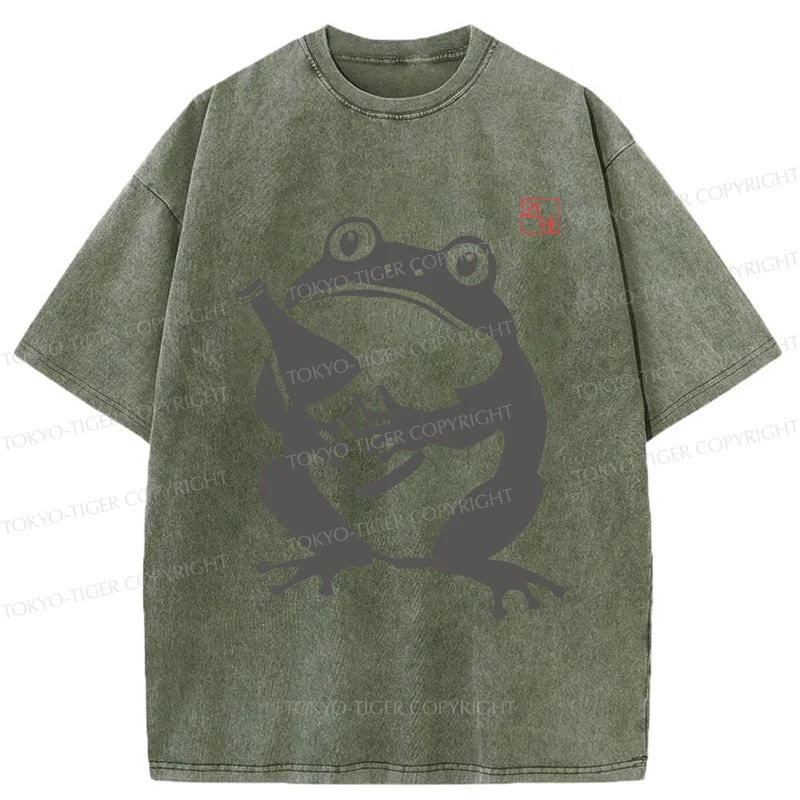 Tokyo-Tiger Retro Frog Holding Wine Washed T-Shirt