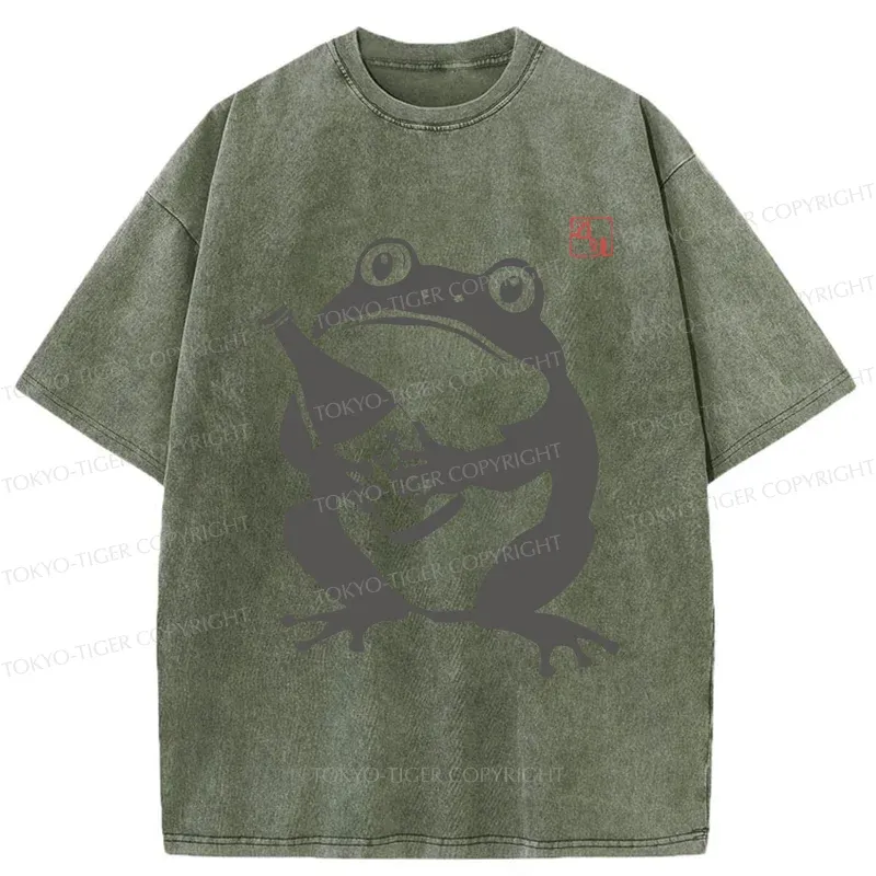 Tokyo-Tiger Retro Frog Holding Wine Washed T-Shirt