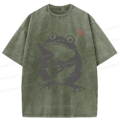 Tokyo-Tiger Retro Frog Holding Wine Washed T-Shirt