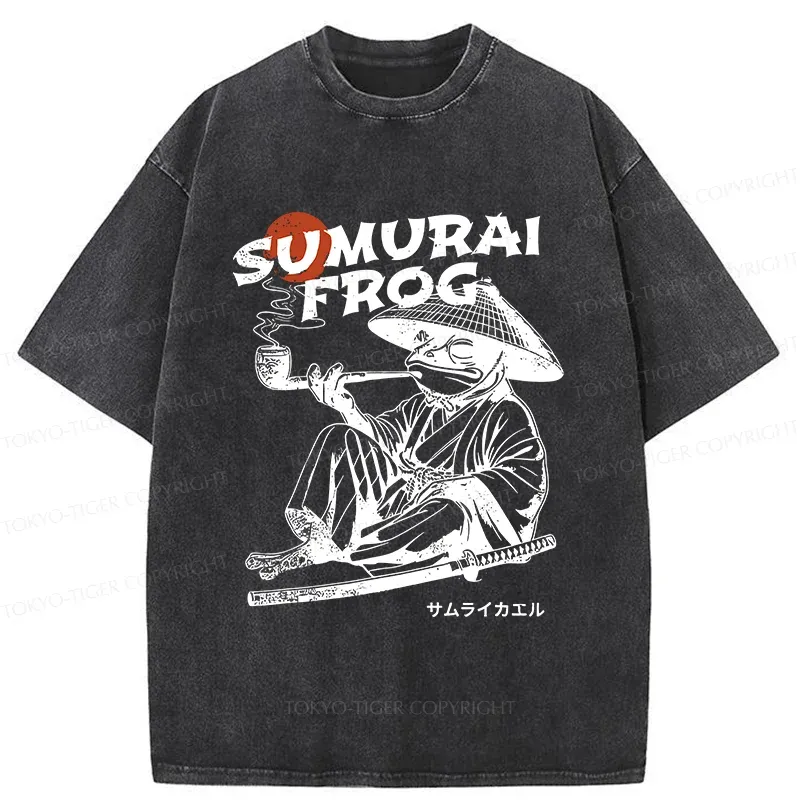 Tokyo-Tiger Samurai Frog Funny Washed T-Shirt
