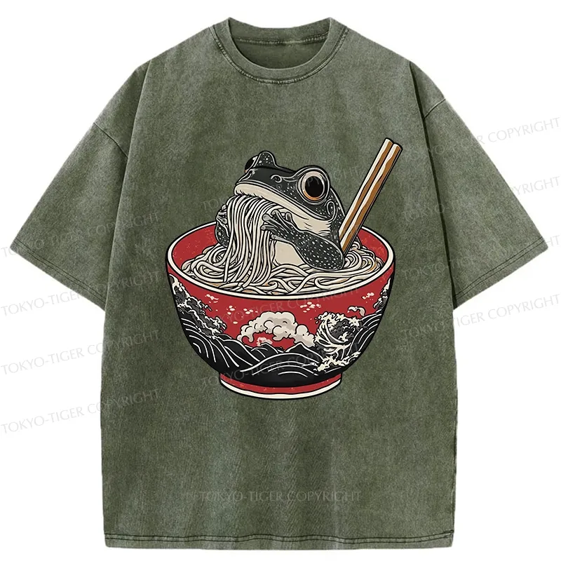 Tokyo-Tiger Funny Frog Eating Ramen In A Bowl Washed T-Shirt