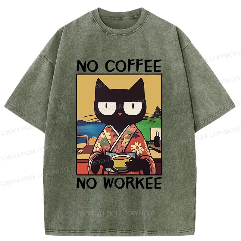 Tokyo-Tiger Cat Drinking Coffee Washed T-Shirt