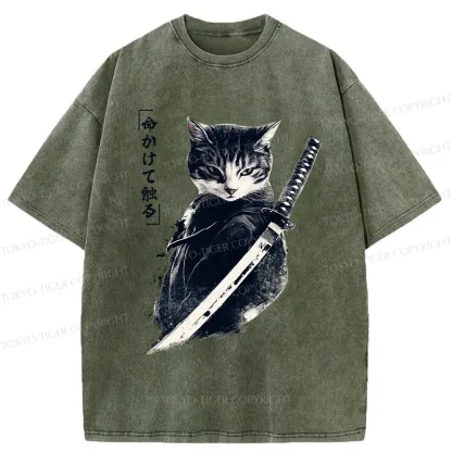 Tokyo-Tiger Retro Samurai Cat Japanese Washed T-Shirt