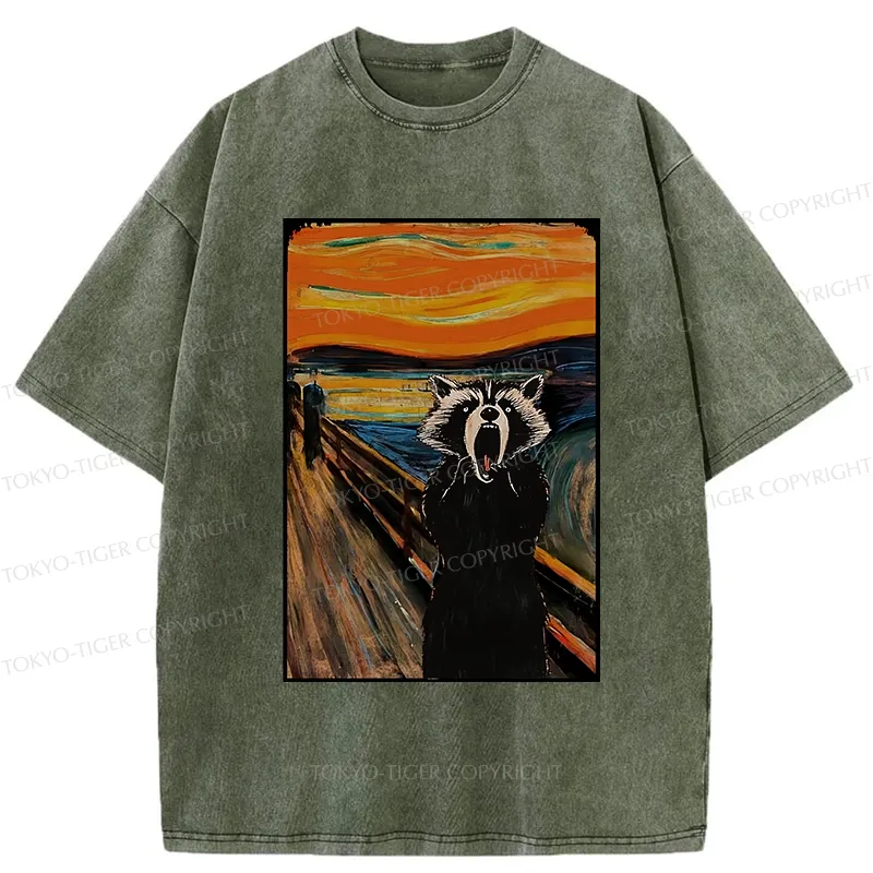 Tokyo-Tiger Funny Screaming Raccoon Washed T-Shirt