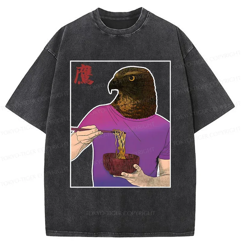 Tokyo-Tiger Eagle Eating Ramen Washed T-Shirt