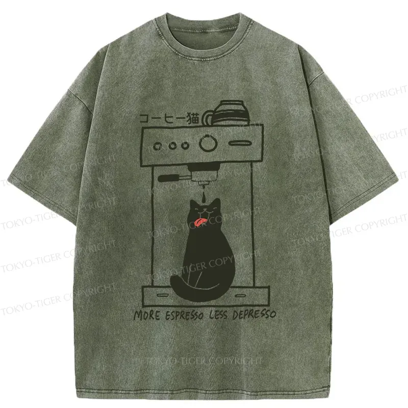Tokyo-Tiger Cat Drinking Coffee Washed T-Shirt