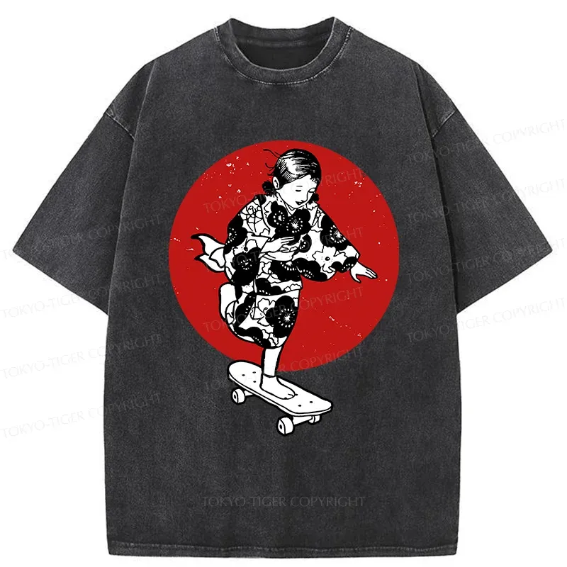 Tokyo-Tiger Kid On Skateboard Washed T-Shirt