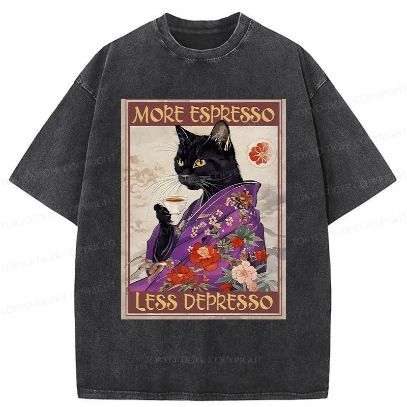 Tokyo-Tiger Japanese Cat Drinking Coffee Washed T-Shirt