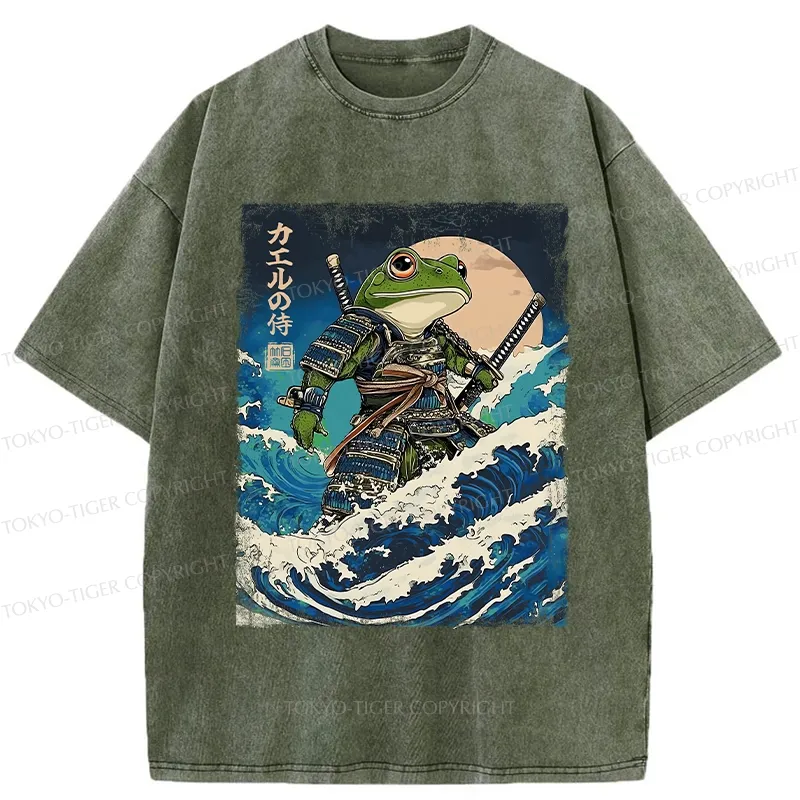 Tokyo-Tiger Frog Samurai In The Great Wave Washed T-Shirt