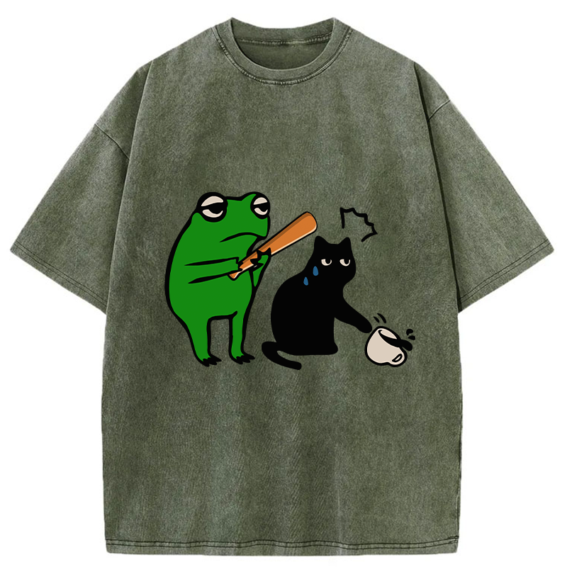 Tokyo-Tiger Funny Frog Hit The Cat Washed T-Shirt
