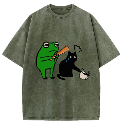 Tokyo-Tiger Funny Frog Hit The Cat Washed T-Shirt