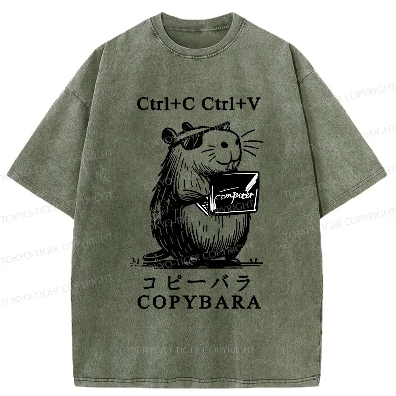 Tokyo-Tiger Capybara At Work Washed T-Shirt