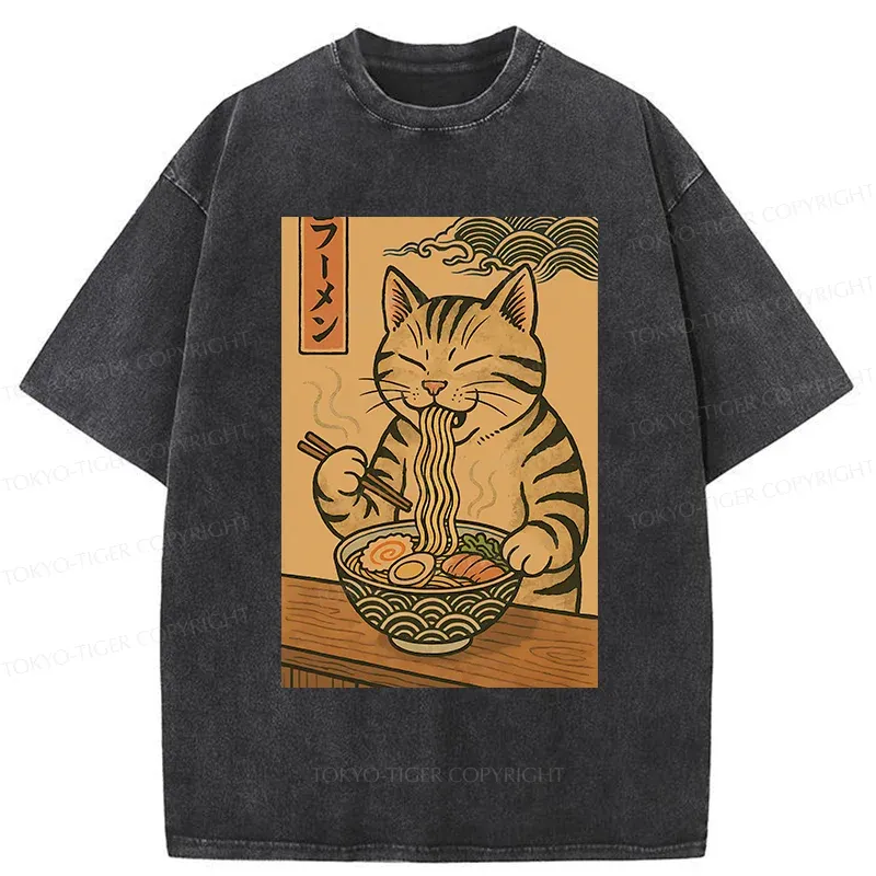 Tokyo-Tiger Retro Cat Eating Ramen Poster Washed T-Shirt