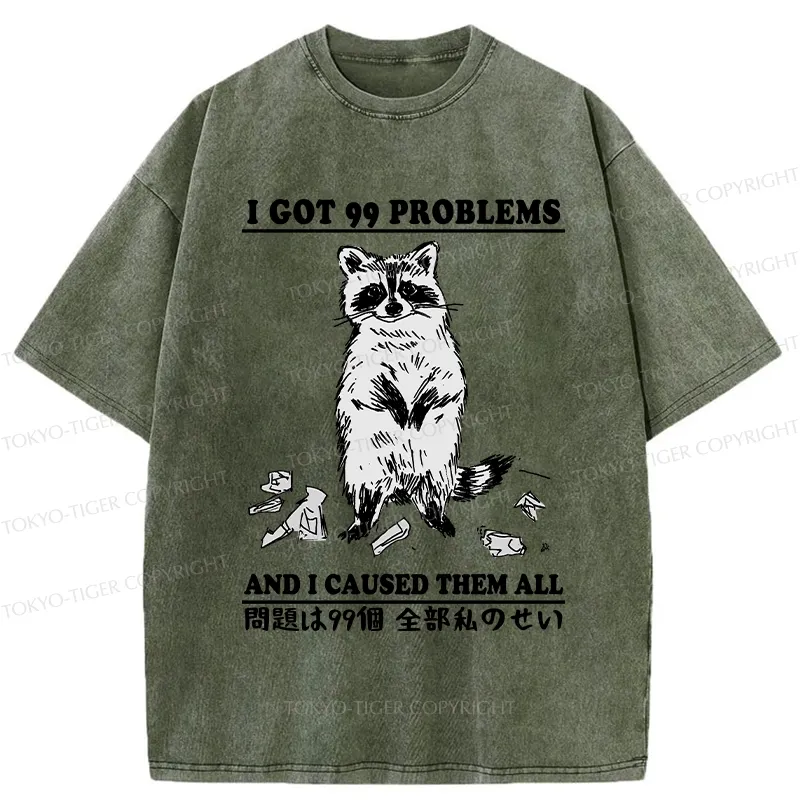Tokyo-Tiger Funny Raccoon Causes 99 Problems Washed T-Shirt