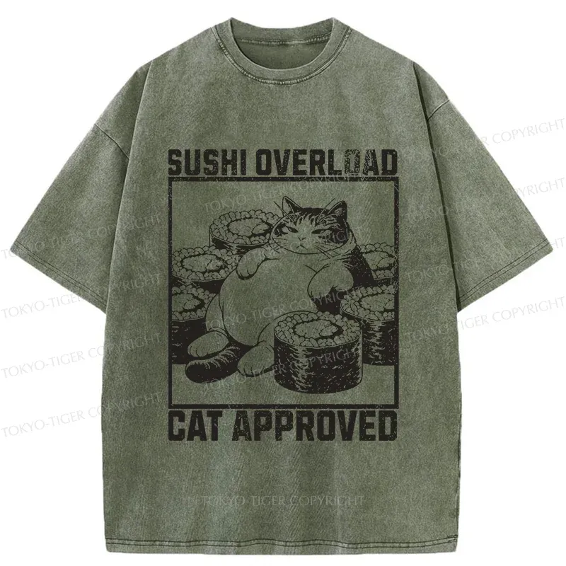 Tokyo-Tiger Fat Cat And Sushi Washed T-Shirt