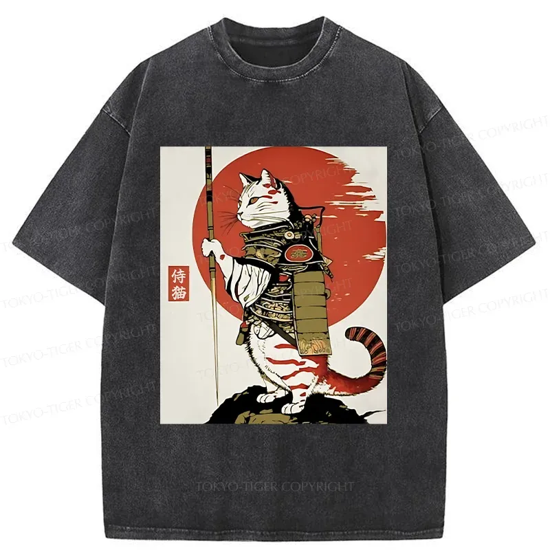 Tokyo-Tiger Samurai Cat Holding Sword Washed T-Shirt