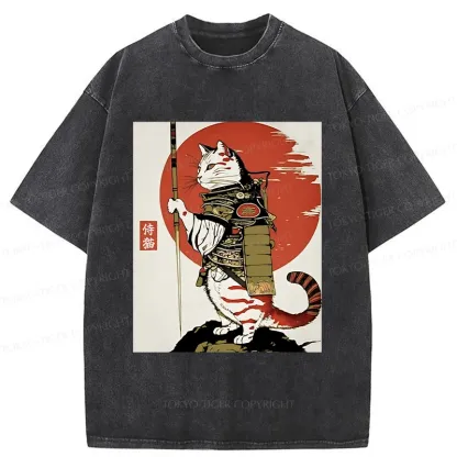 Tokyo-Tiger Samurai Cat Holding Sword Washed T-Shirt
