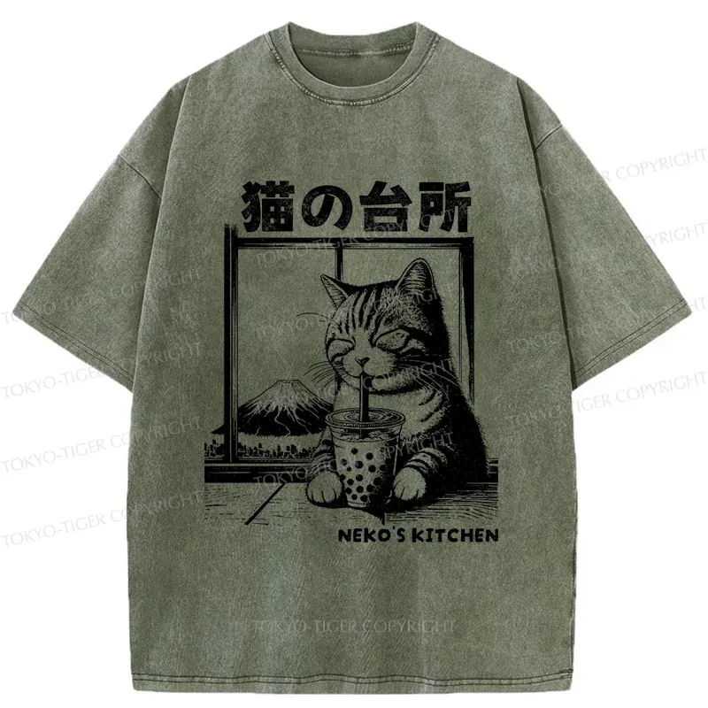 Tokyo-Tiger Cat Drinking Milk Tea Washed T-Shirt