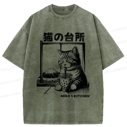 Tokyo-Tiger Cat Drinking Milk Tea Washed T-Shirt