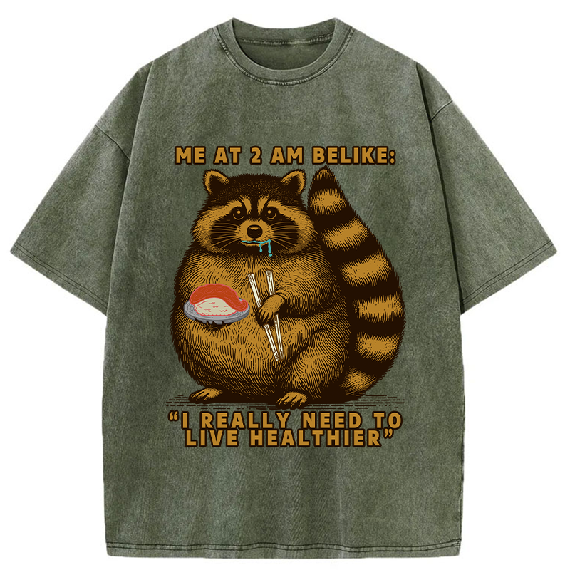 Tokyo-Tiger Fat Raccoon Eating Sushi Washed T-Shirt