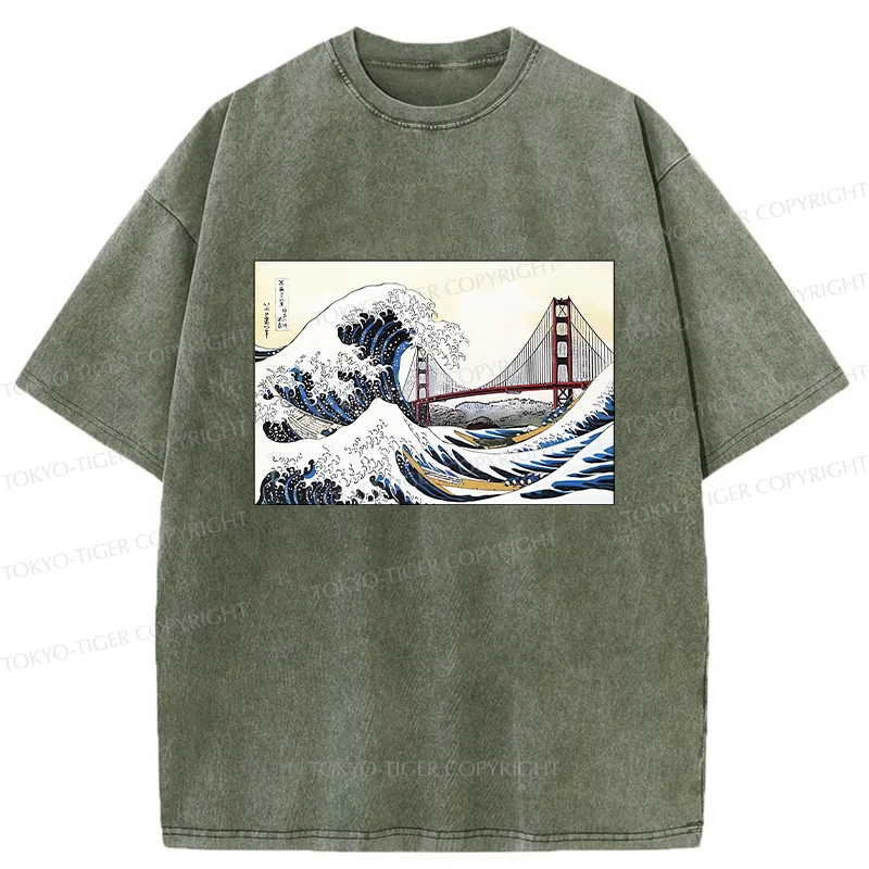Tokyo-Tiger Golden Gate Bridge And Waves Washed T-Shirt
