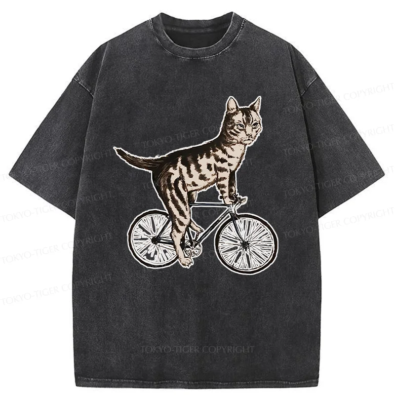 Tokyo-Tiger Cat Riding A Bicycle Washed T-Shirt