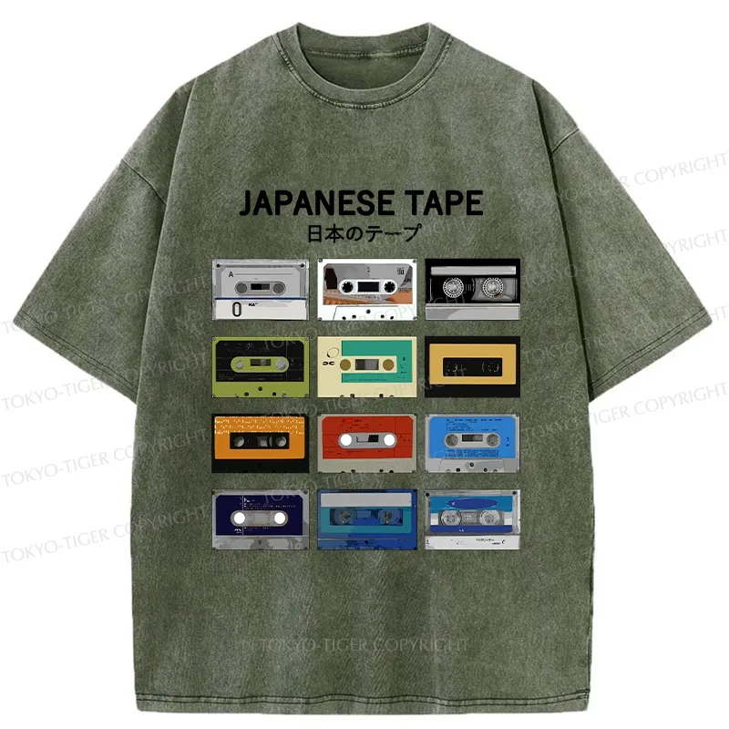 Tokyo-Tiger Retro Japanese Tapes Washed T-Shirt