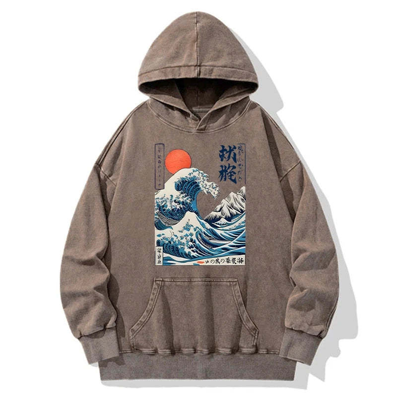 Tokyo-Tiger Ukiyo-e Ocean Waves Japan Washed Hoodie
