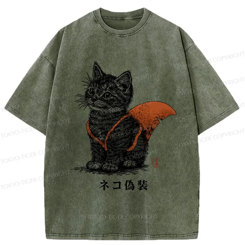 Tokyo-Tiger Funny Cat Disguised As Shark Washed T-Shirt
