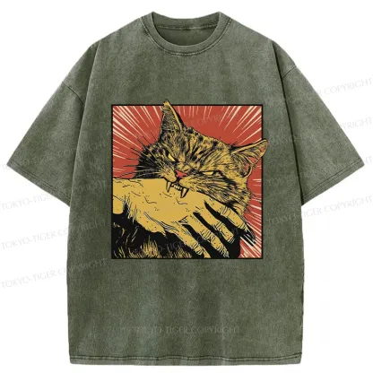 Tokyo-Tiger Cat Bites Hand Japanese Washed T-Shirt