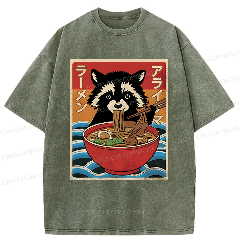 Tokyo-Tiger Raccoon Eating Ramen Washed T-Shirt