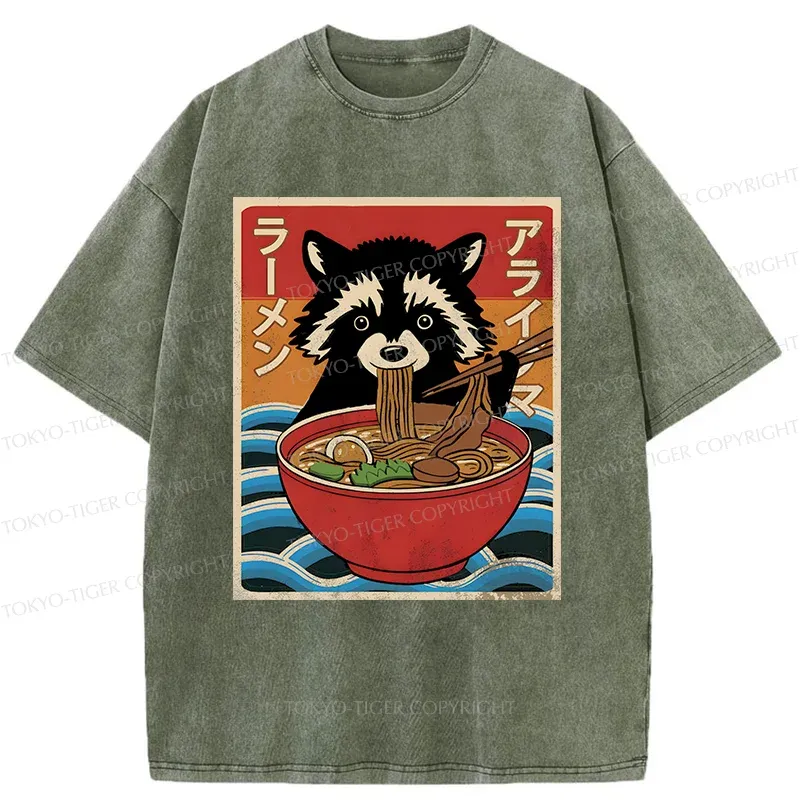 Tokyo-Tiger Raccoon Eating Ramen Washed T-Shirt