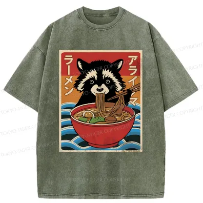 Tokyo-Tiger Raccoon Eating Ramen Washed T-Shirt
