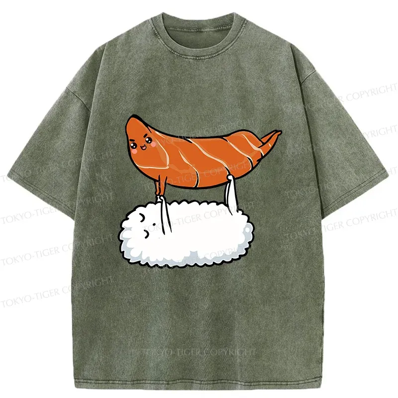 Tokyo-Tiger Sushi Doing Yoga Washed T-Shirt