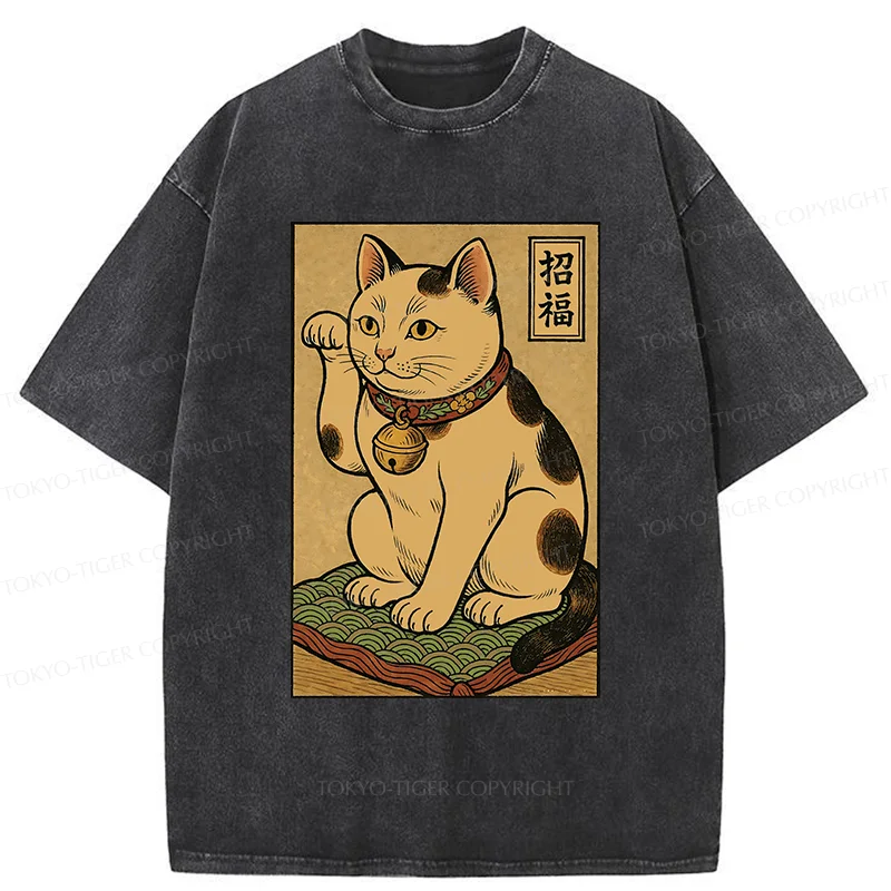Tokyo-Tiger Retro Lucky Cat Washed T-Shirt