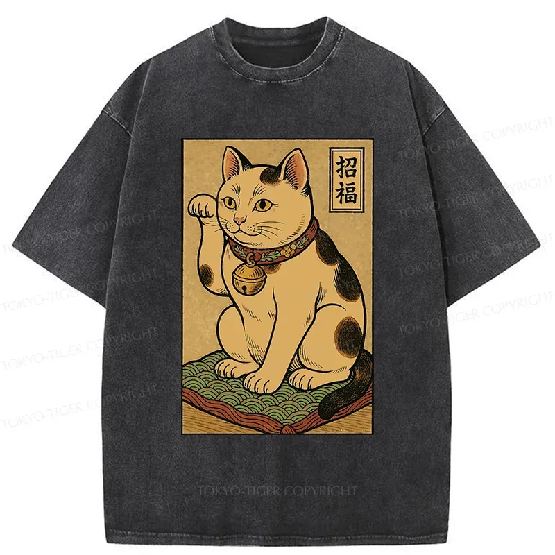 Tokyo-Tiger Retro Lucky Cat Washed T-Shirt