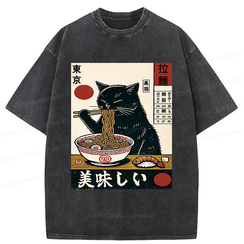 Tokyo-Tiger Black Cat Eating Japanese Ramen Washed T-Shirt
