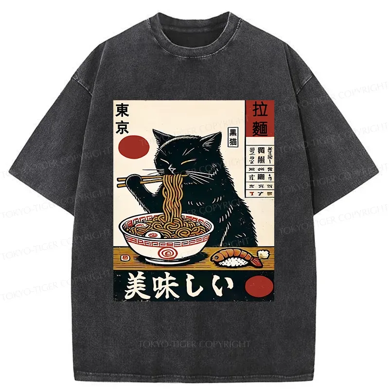 Tokyo-Tiger Black Cat Eating Japanese Ramen Washed T-Shirt