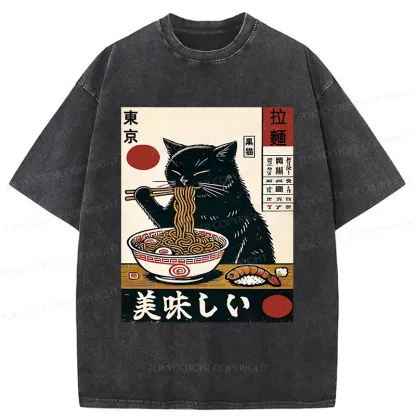 Tokyo-Tiger Black Cat Eating Japanese Ramen Washed T-Shirt