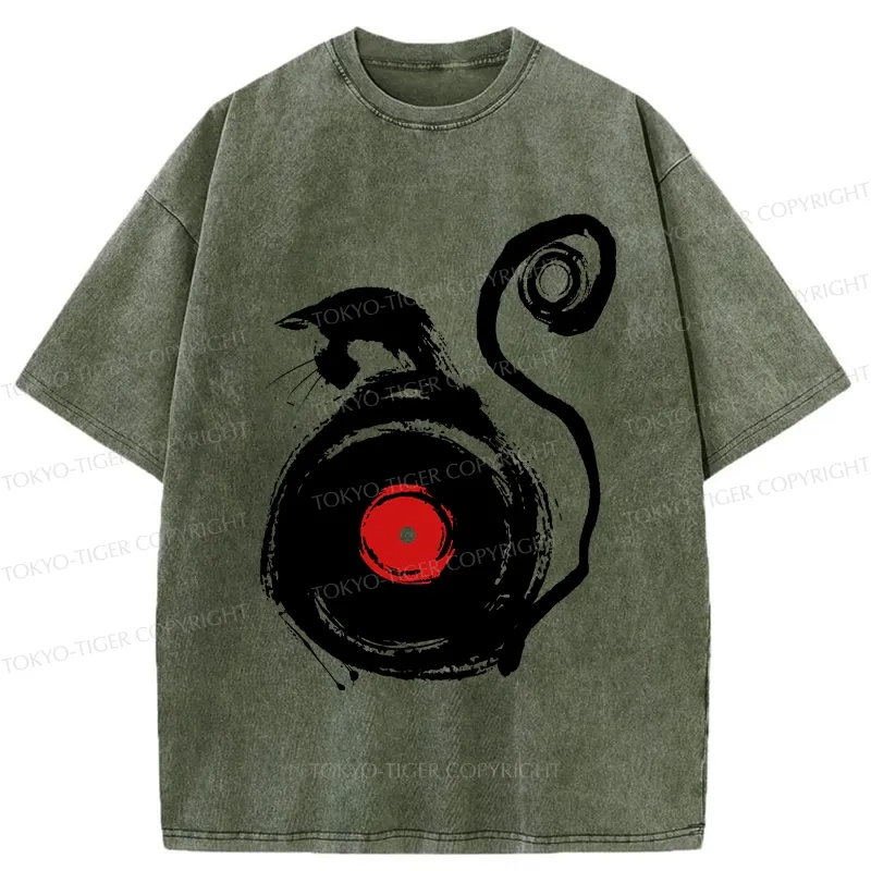 Tokyo-Tiger Vinyl Cat Silhouette Washed T-Shirt